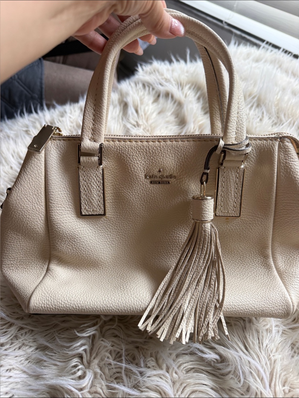 kate spade Cream Pebbled Leather Satchel with Tassel Charm